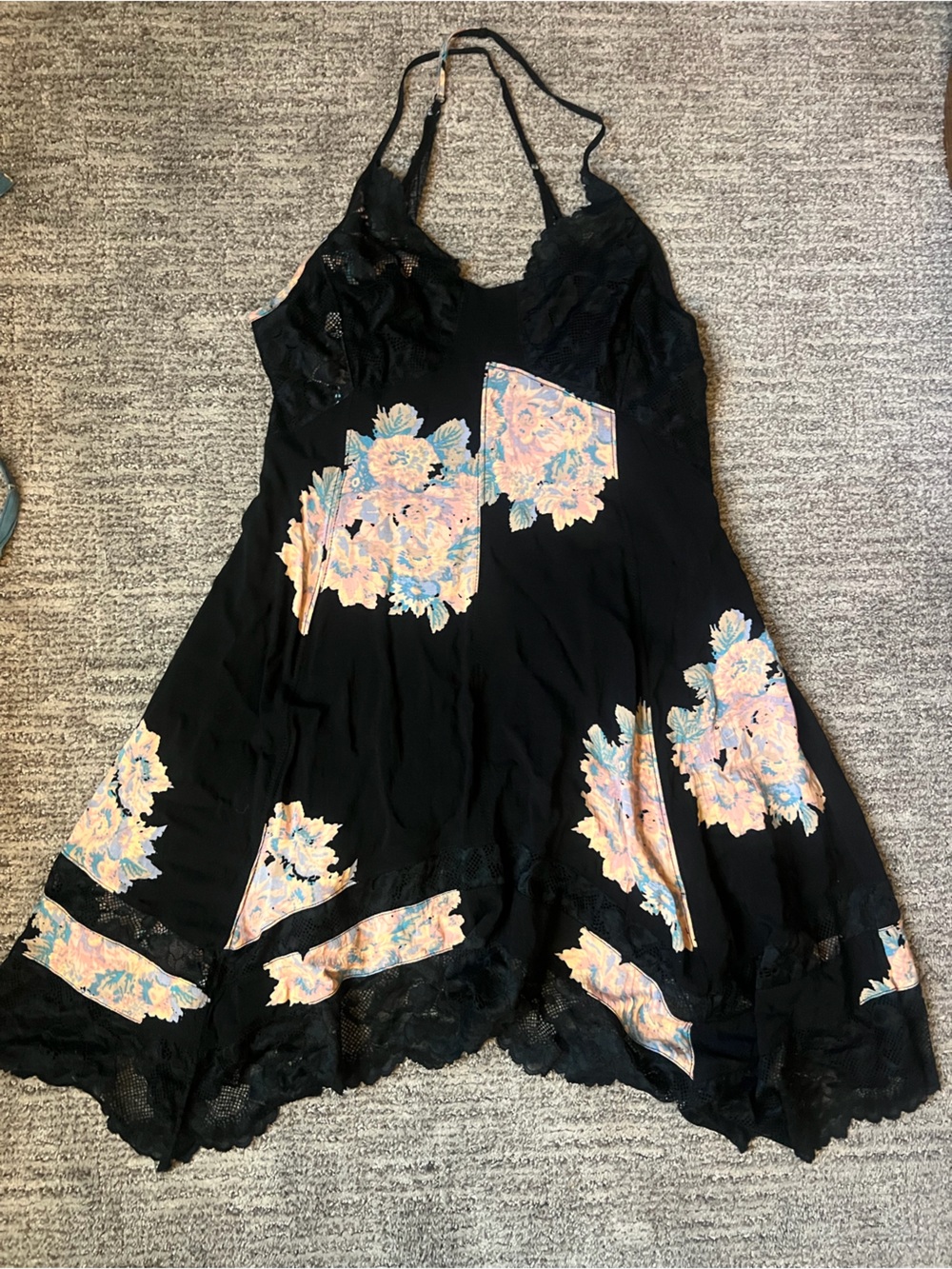 Free People Black Slip Dress with Pastel Floral Appliqué - Picture 4 of 5